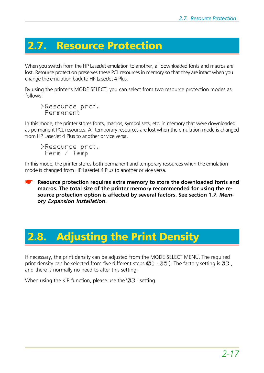 Kyocera FS-3700 manual SourceResource Protection, Adjusting the Print Density 