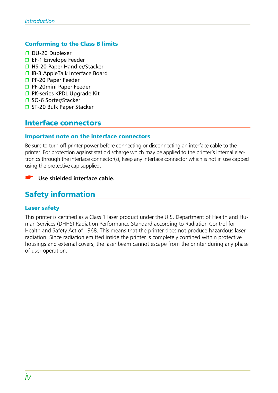 Kyocera FS-3700 manual Interface connectors, Safety information, Conforming to the Class B limits, Laser safety 