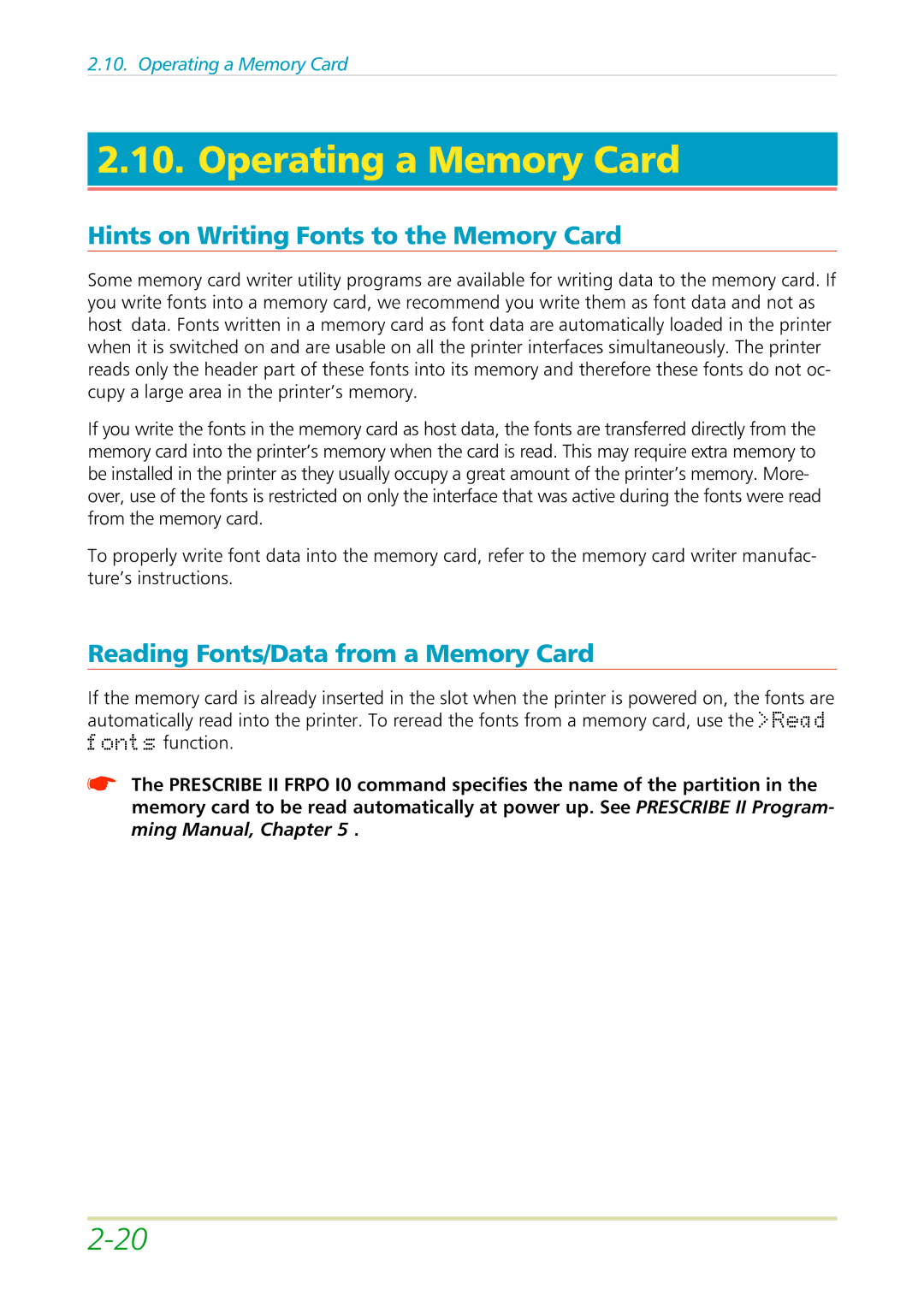 Kyocera FS-3700 Operating a Memory Card, Hints on Writing Fonts to the Memory Card, Reading Fonts/Data from a Memory Card 