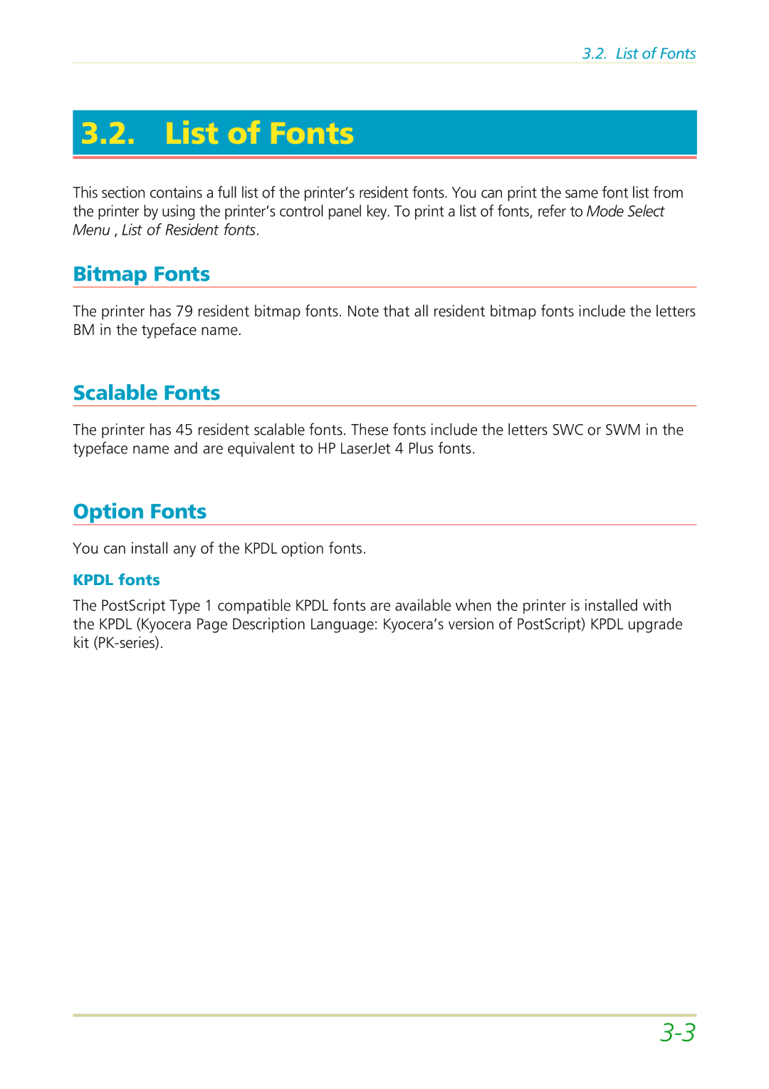 Kyocera FS-3700 manual List of Fonts, Option Fonts, Kpdl fonts 