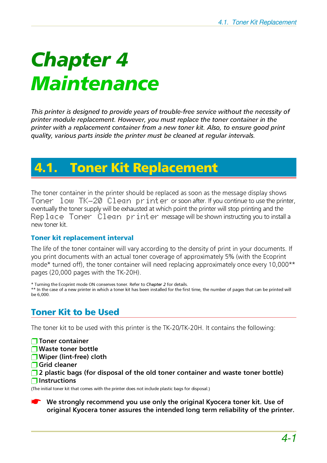 Kyocera FS-3700 manual Maintenance 