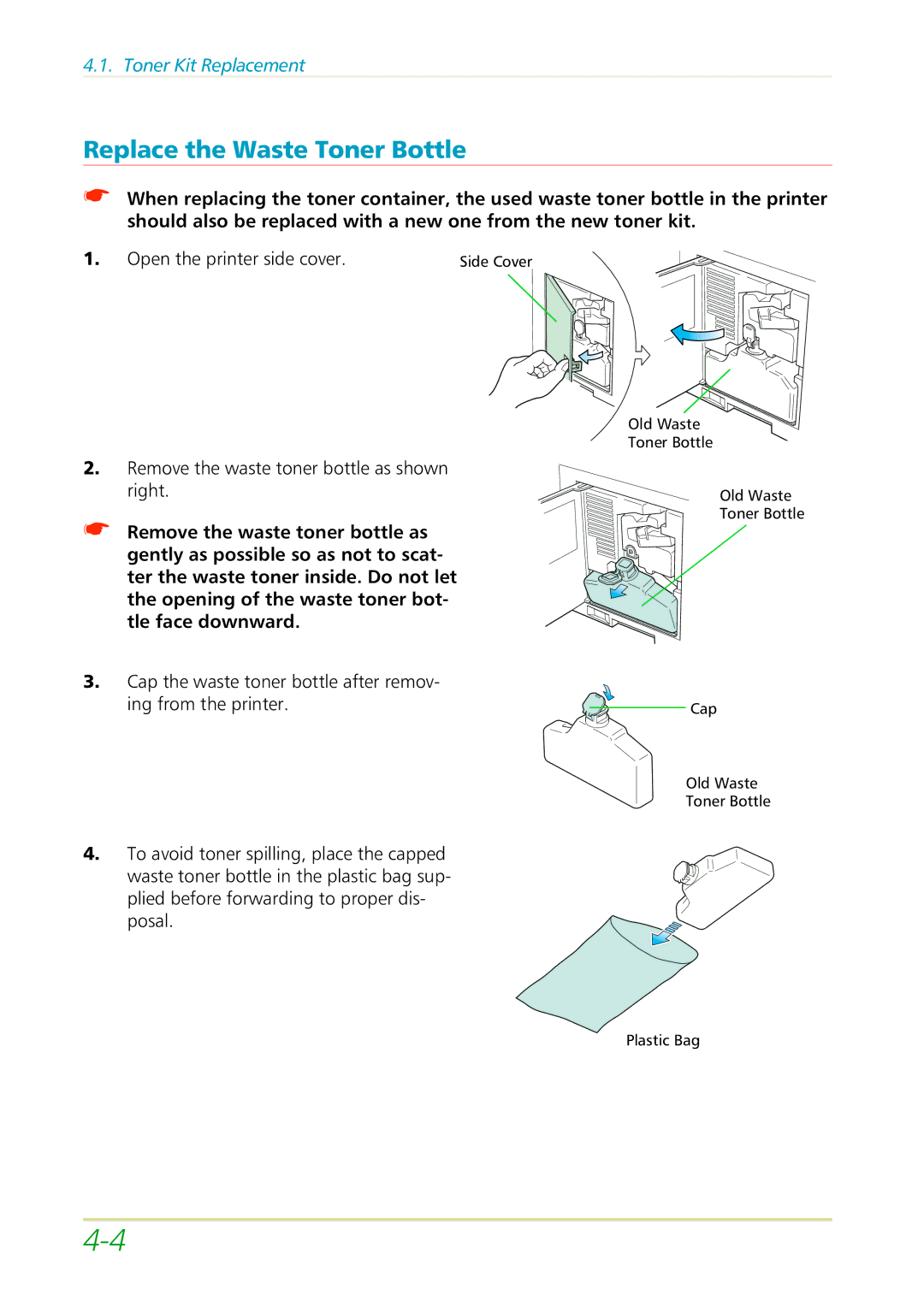 Kyocera FS-3700 manual Replace the Waste Toner Bottle 