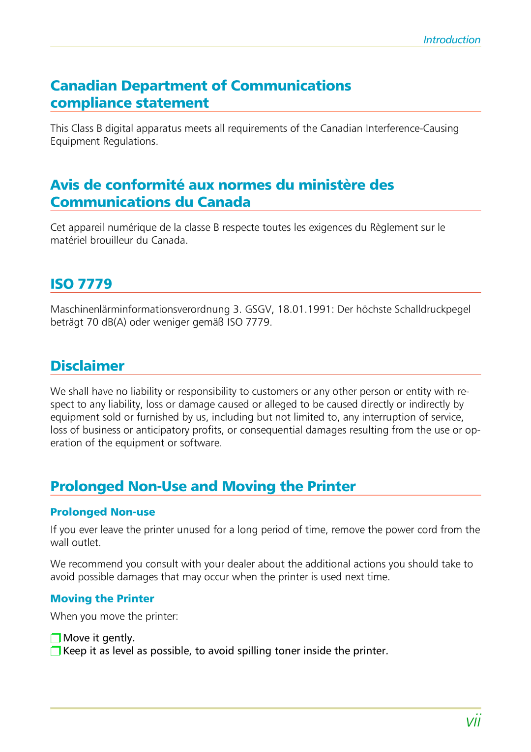 Kyocera FS-3700 manual Canadian Department of Communications compliance statement, Iso, Disclaimer 