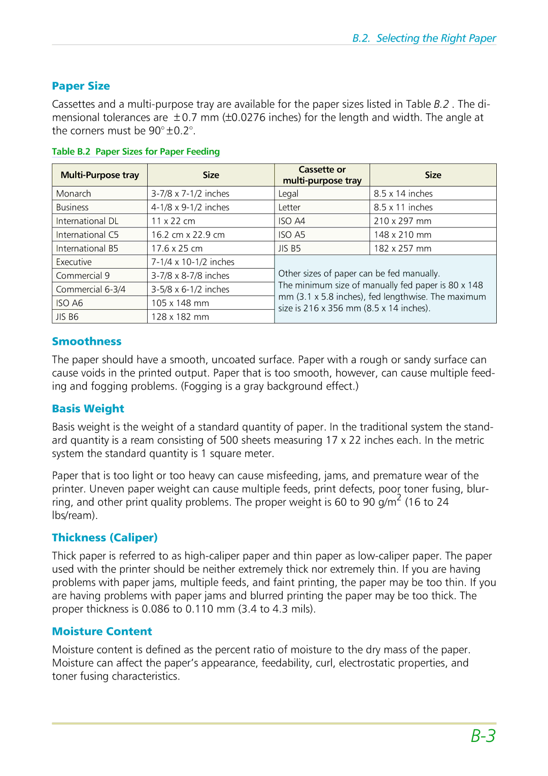 Kyocera FS-3700 manual Paper Size, Smoothness, Basis Weight, Thickness Caliper, Moisture Content 