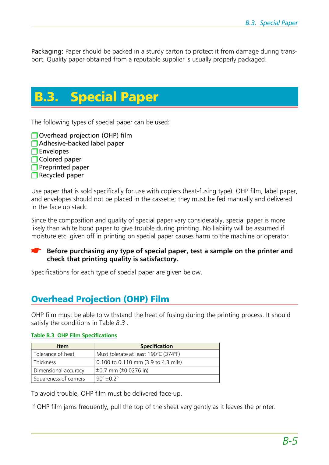 Kyocera FS-3700 manual Special Paper, Overhead Projection OHP Film 