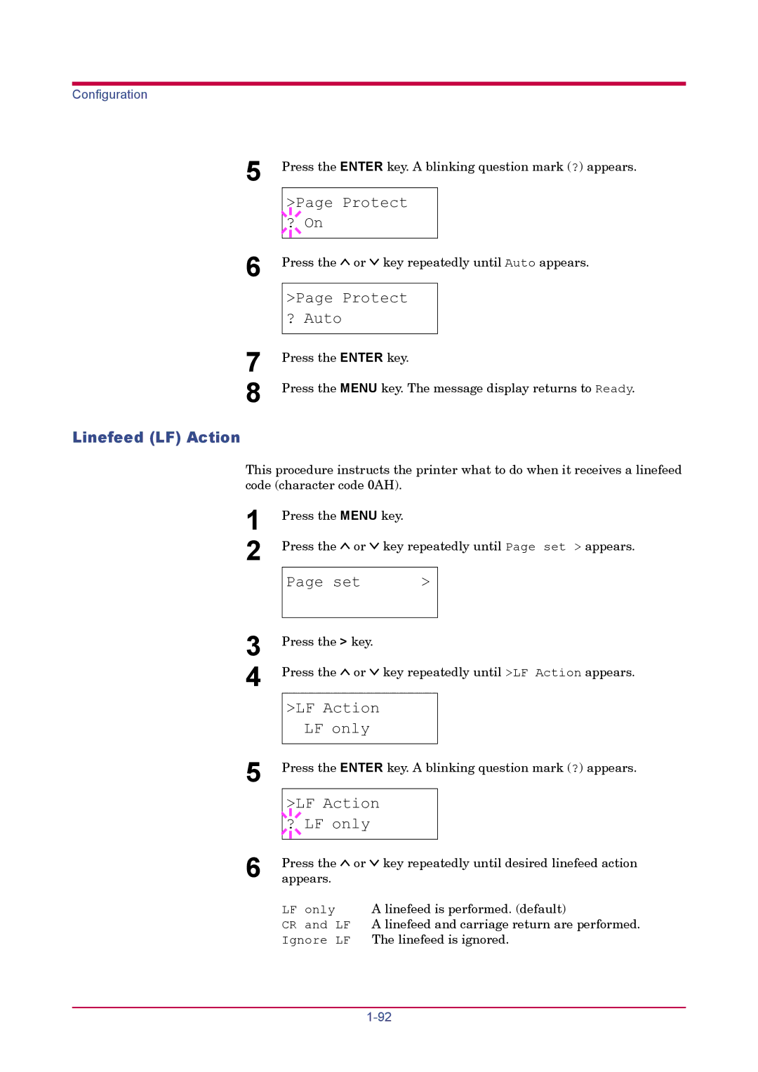 Kyocera FS-3830N, FS-3820N manual Protect ? On, Protect ? Auto, Linefeed LF Action, LF Action LF only, LF Action ? LF only 