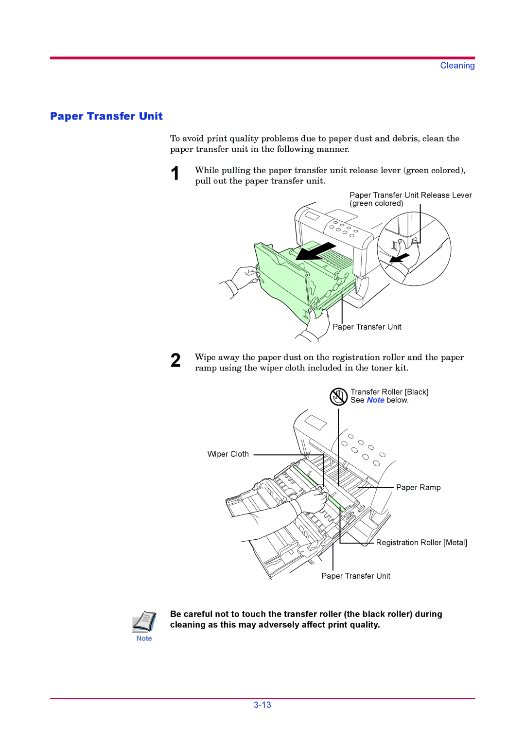 Kyocera FS-3830N, FS-3820N manual Paper Transfer Unit, Ramp using the wiper cloth included in the toner kit 