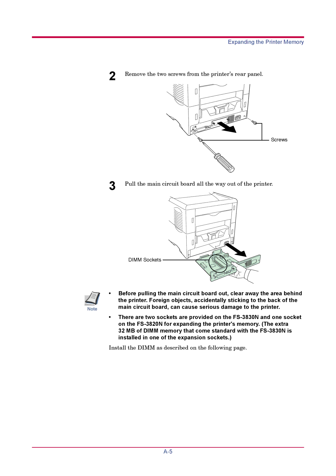 Kyocera FS-3820N, FS-3830N manual Remove the two screws from the printer’s rear panel 