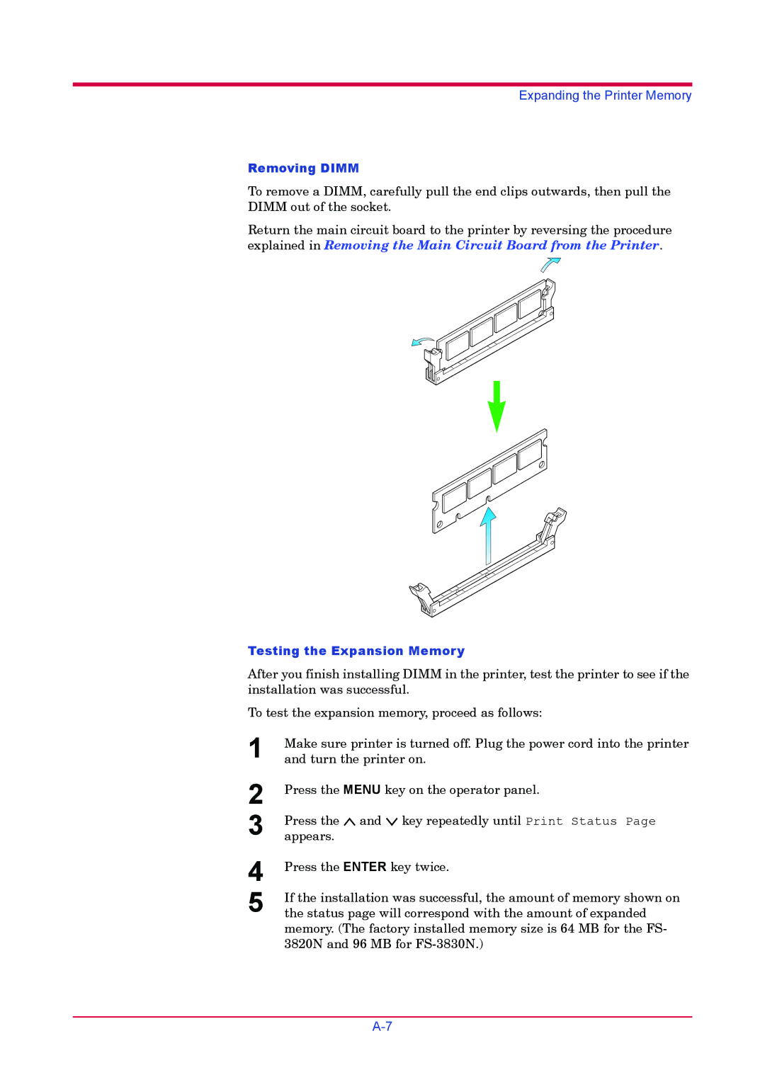 Kyocera FS-3820N, FS-3830N manual Removing Dimm, Testing the Expansion Memory 