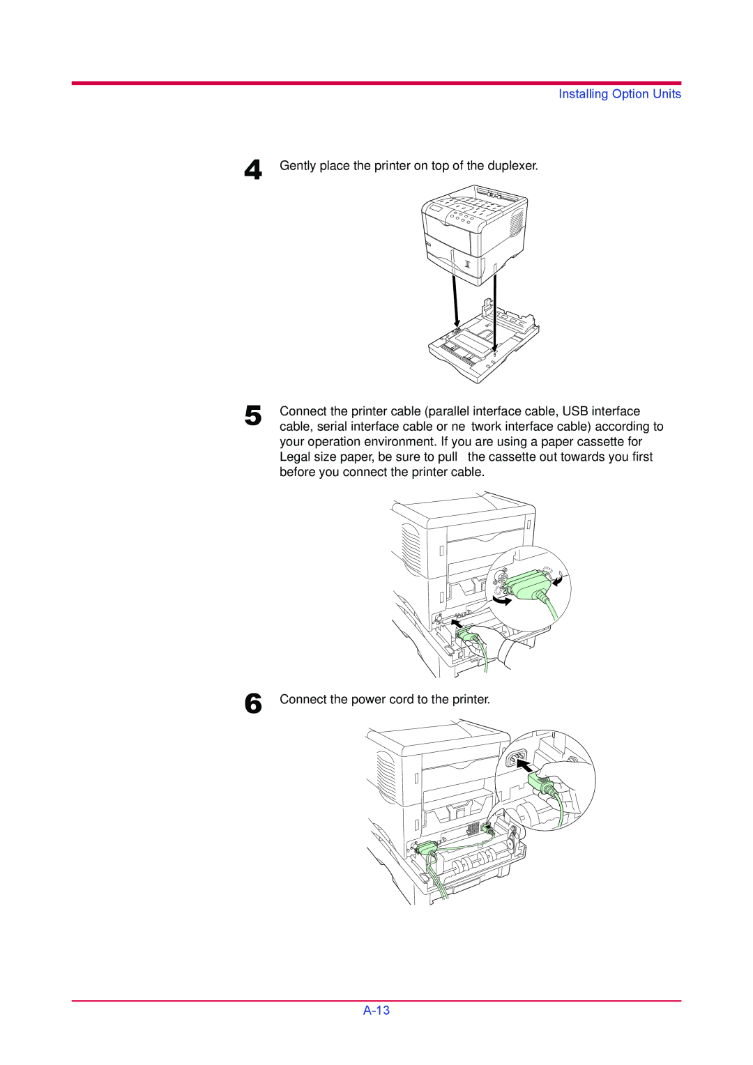 Kyocera FS-3820N, FS-3830N manual Gently place the printer on top of the duplexer 