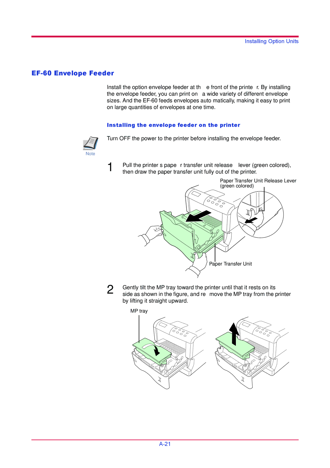 Kyocera FS-3820N, FS-3830N manual EF-60 Envelope Feeder, Installing the envelope feeder on the printer 