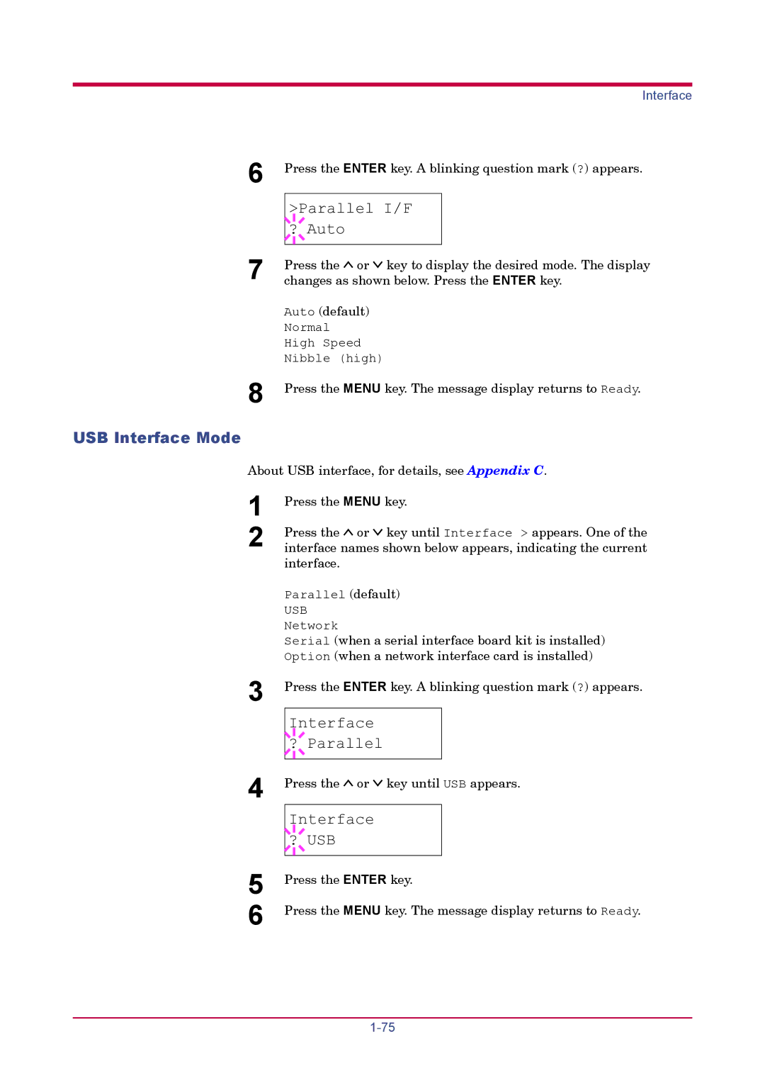 Kyocera FS-3820N, FS-3830N manual Parallel I/F ? Auto, USB Interface Mode, Interface ? USB 