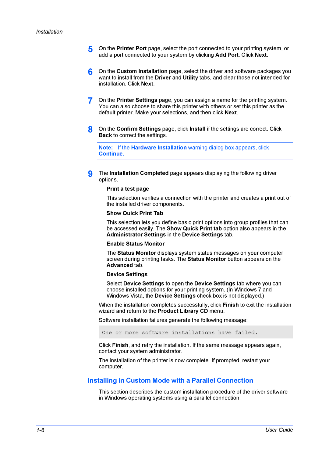 Kyocera FS-3920DN, Fs-4020dn, Fs-2020d manual Installing in Custom Mode with a Parallel Connection, Device Settings 