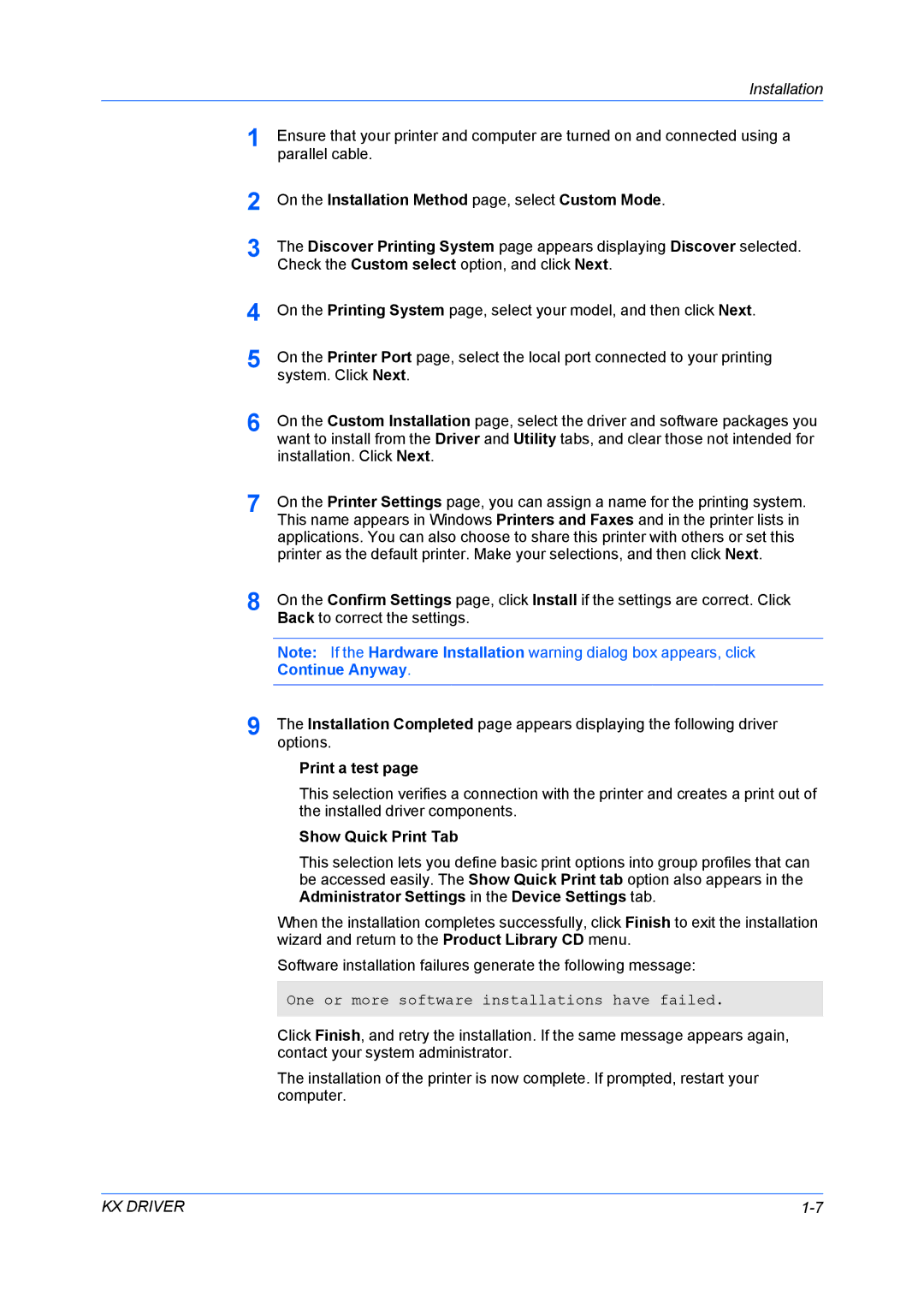 Kyocera Fs-4020dn, FS-3920DN, Fs-2020d manual On the Installation Method page, select Custom Mode 