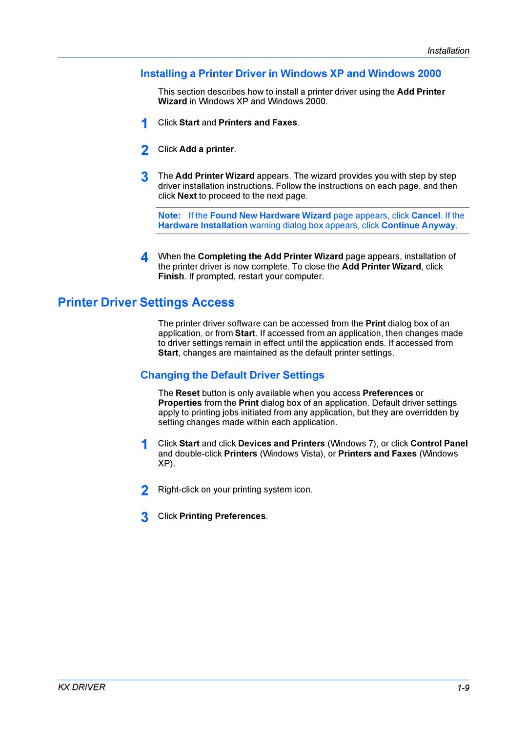 Kyocera FS-3920DN, Fs-4020dn manual Printer Driver Settings Access, Installing a Printer Driver in Windows XP and Windows 