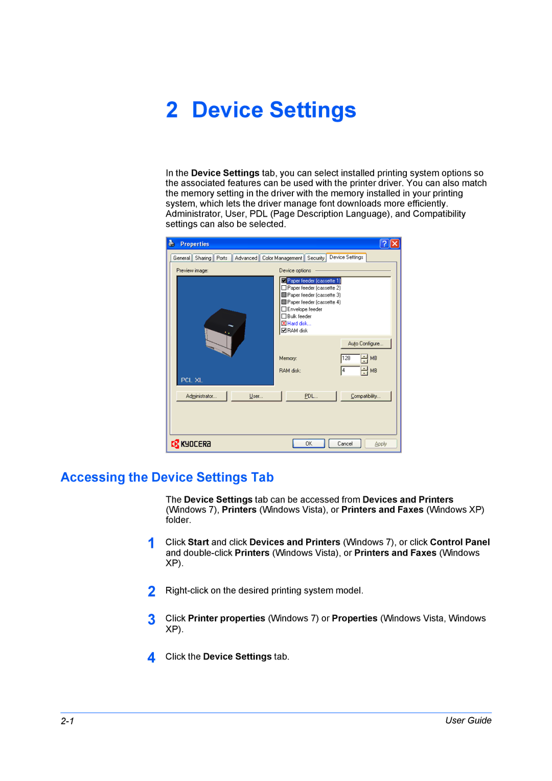 Kyocera Fs-4020dn, FS-3920DN, Fs-2020d manual Accessing the Device Settings Tab, Click the Device Settings tab 