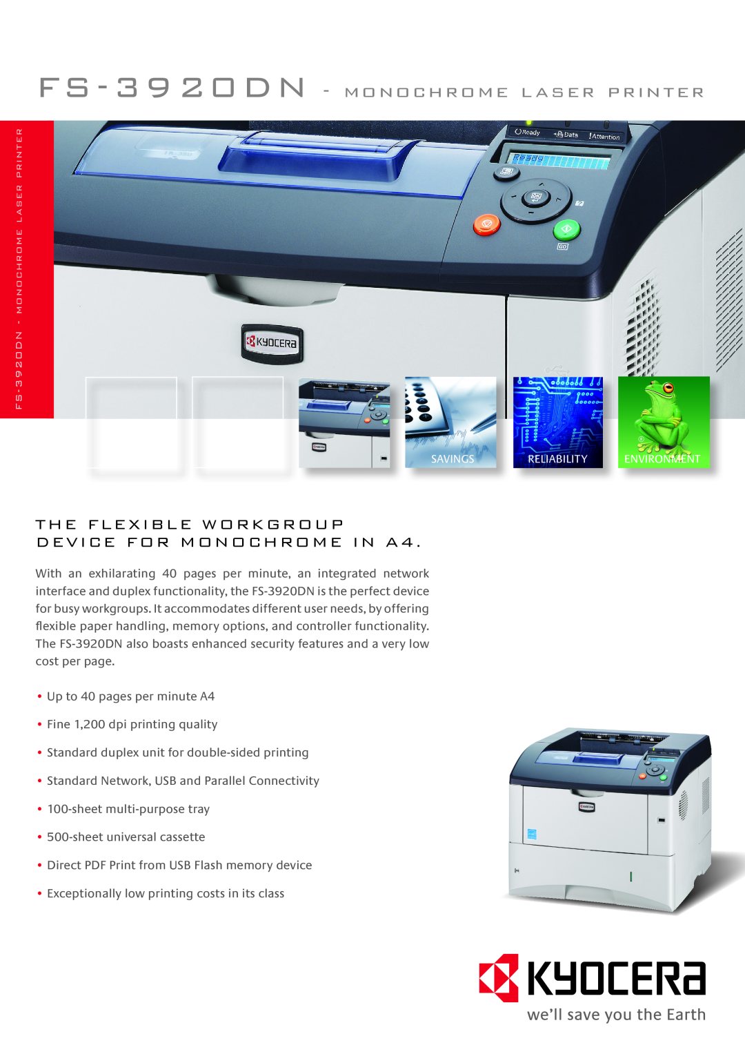 Kyocera manual FS-3920DN - MONOCHROME LASER PRINTER, The Flexible Workgroup, DEVICE FOR MONOCHROME IN A4 