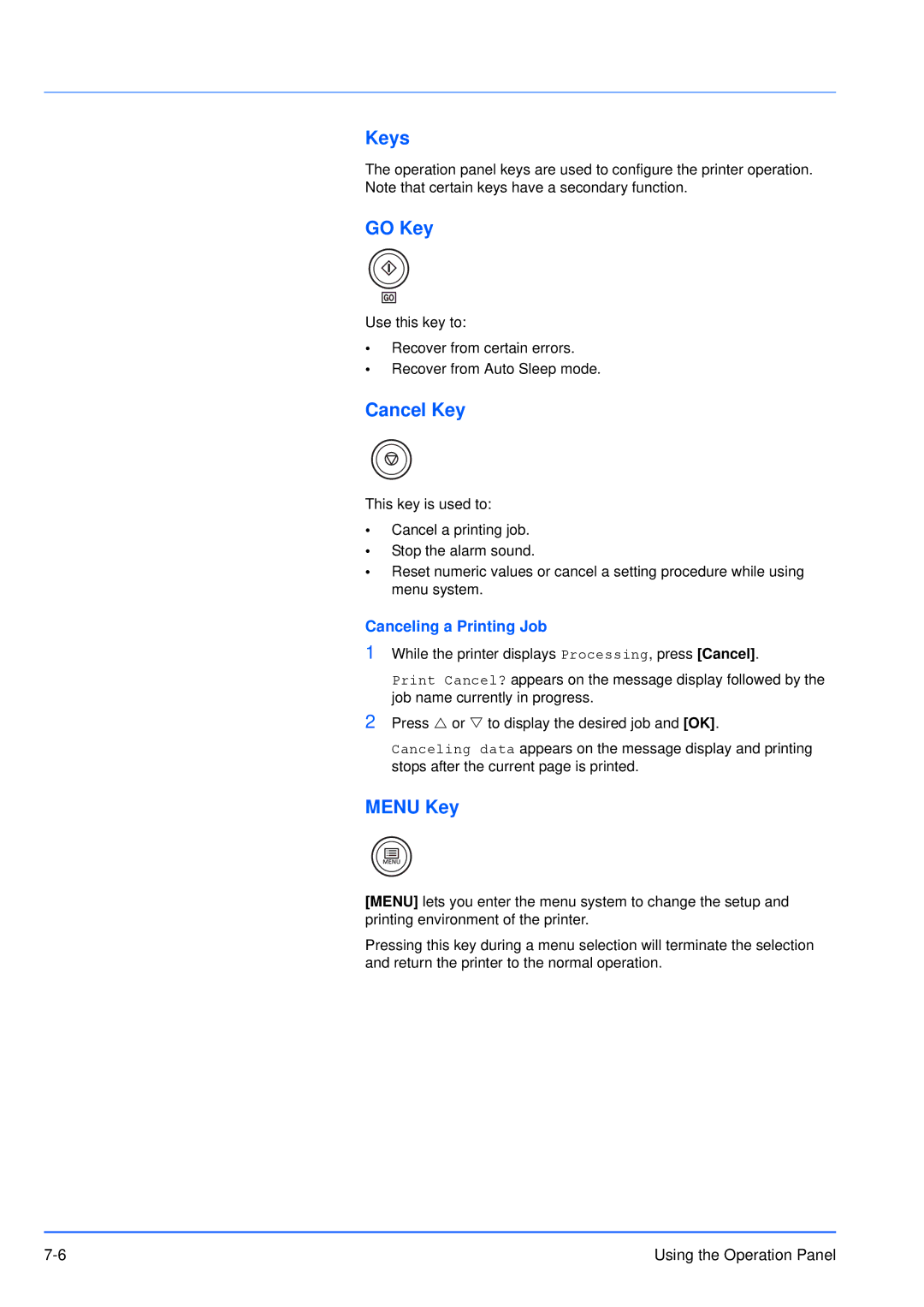 Kyocera FS-3920DN manual Keys, GO Key, Cancel Key, Menu Key, Canceling a Printing Job 