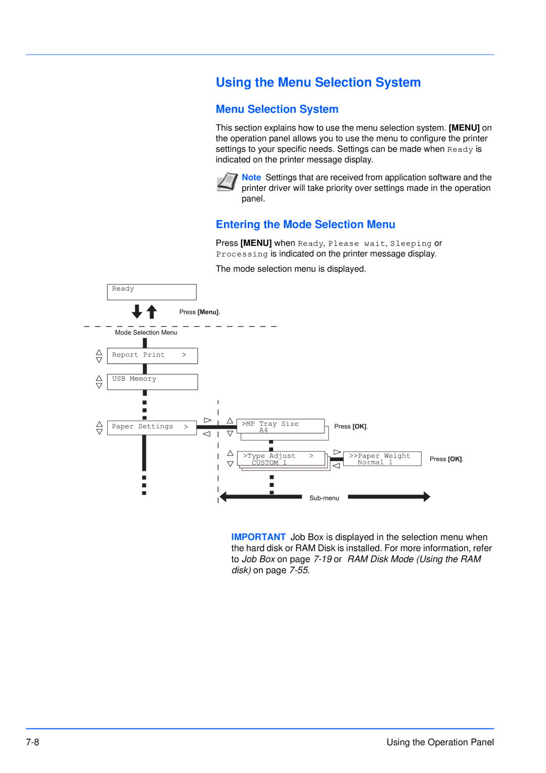 Kyocera FS-3920DN manual Using the Menu Selection System, Entering the Mode Selection Menu 