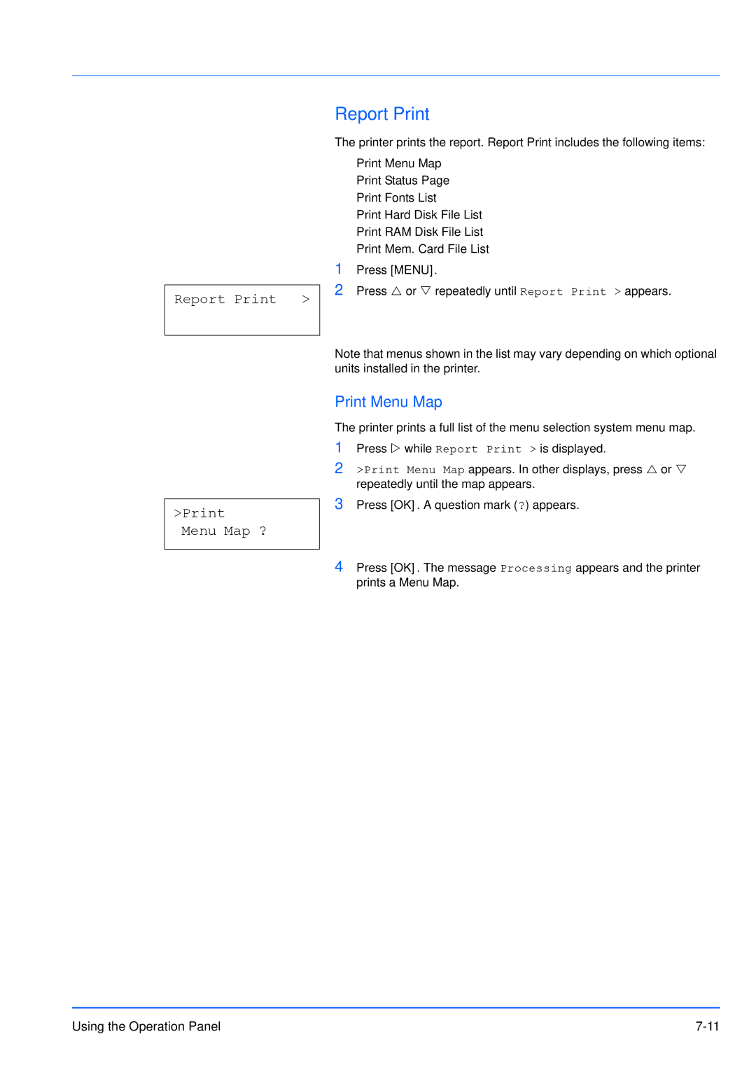 Kyocera FS-3920DN manual Report Print, Print Menu Map ? 