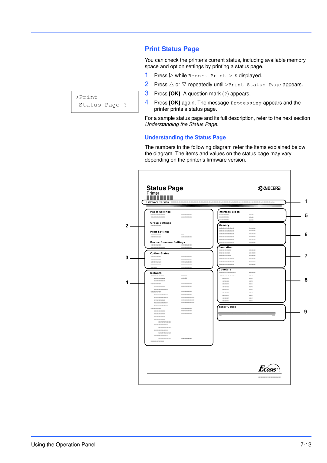 Kyocera FS-3920DN manual Print Status Page ?, Understanding the Status 