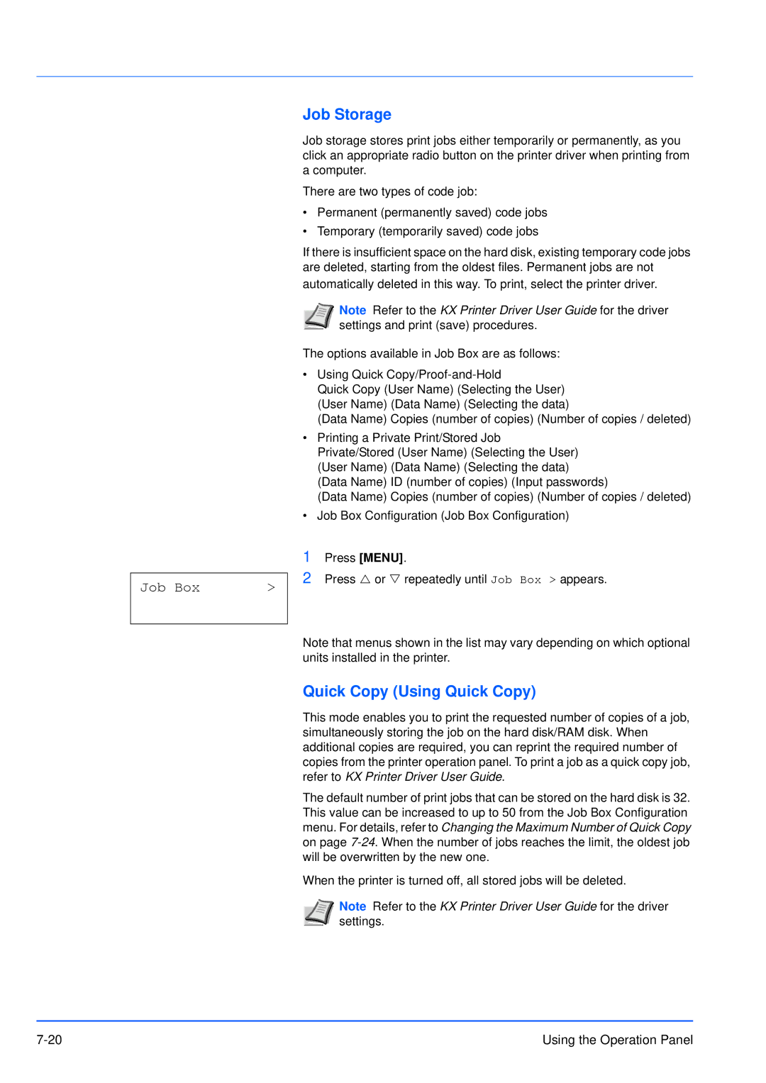 Kyocera FS-3920DN manual Job Storage, Quick Copy Using Quick Copy, Job Box 