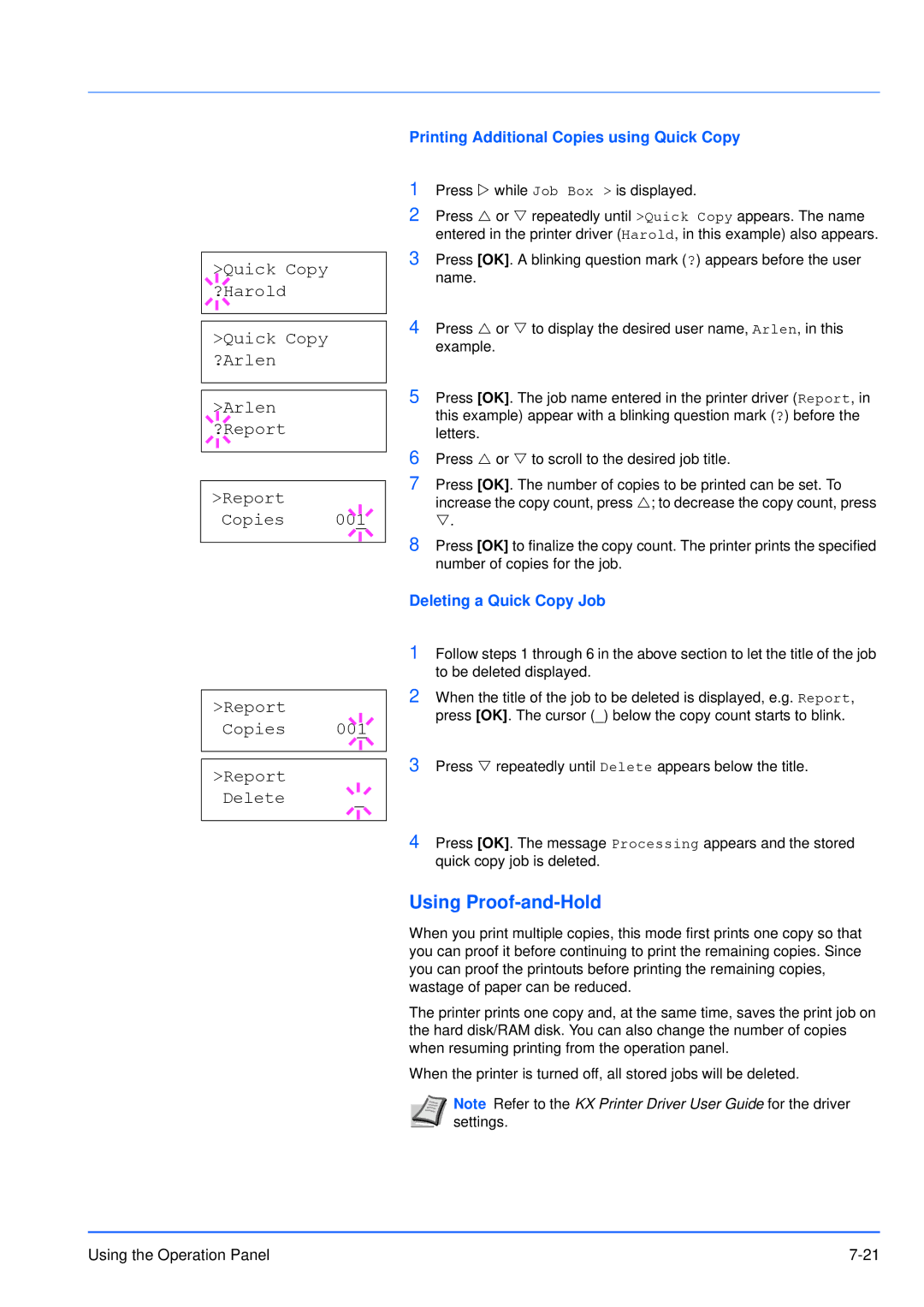 Kyocera FS-3920DN manual Using Proof-and-Hold, Printing Additional Copies using Quick Copy, Deleting a Quick Copy Job 