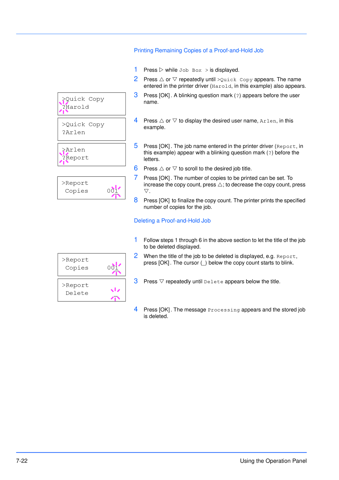 Kyocera FS-3920DN manual Printing Remaining Copies of a Proof-and-Hold Job, Deleting a Proof-and-Hold Job 