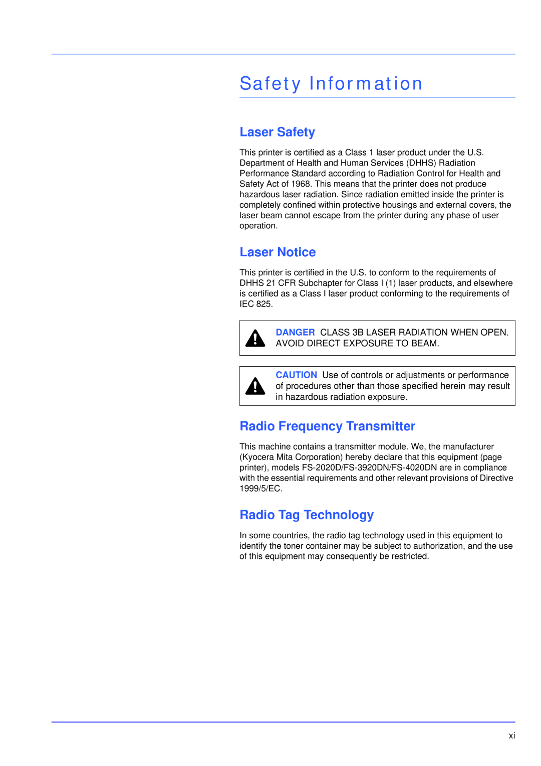 Kyocera FS-3920DN manual Safety Information, Laser Safety, Laser Notice, Radio Frequency Transmitter, Radio Tag Technology 