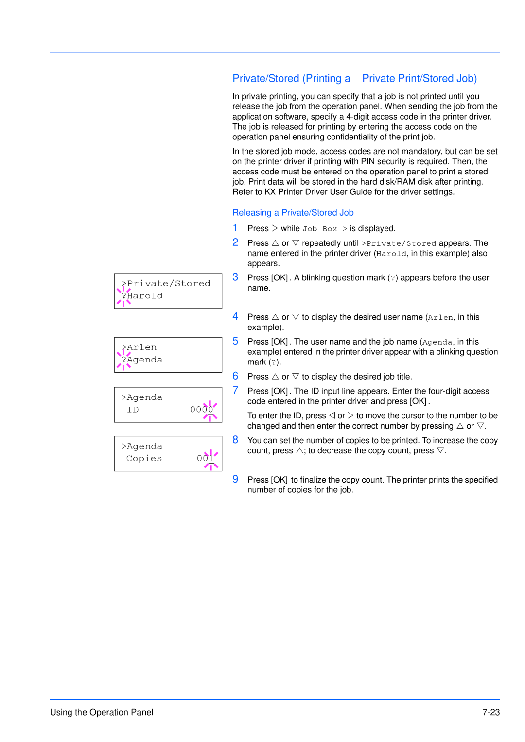 Kyocera FS-3920DN manual Private/Stored Printing a Private Print/Stored Job, Private/Stored ?Harold Arlen ?Agenda Copies 