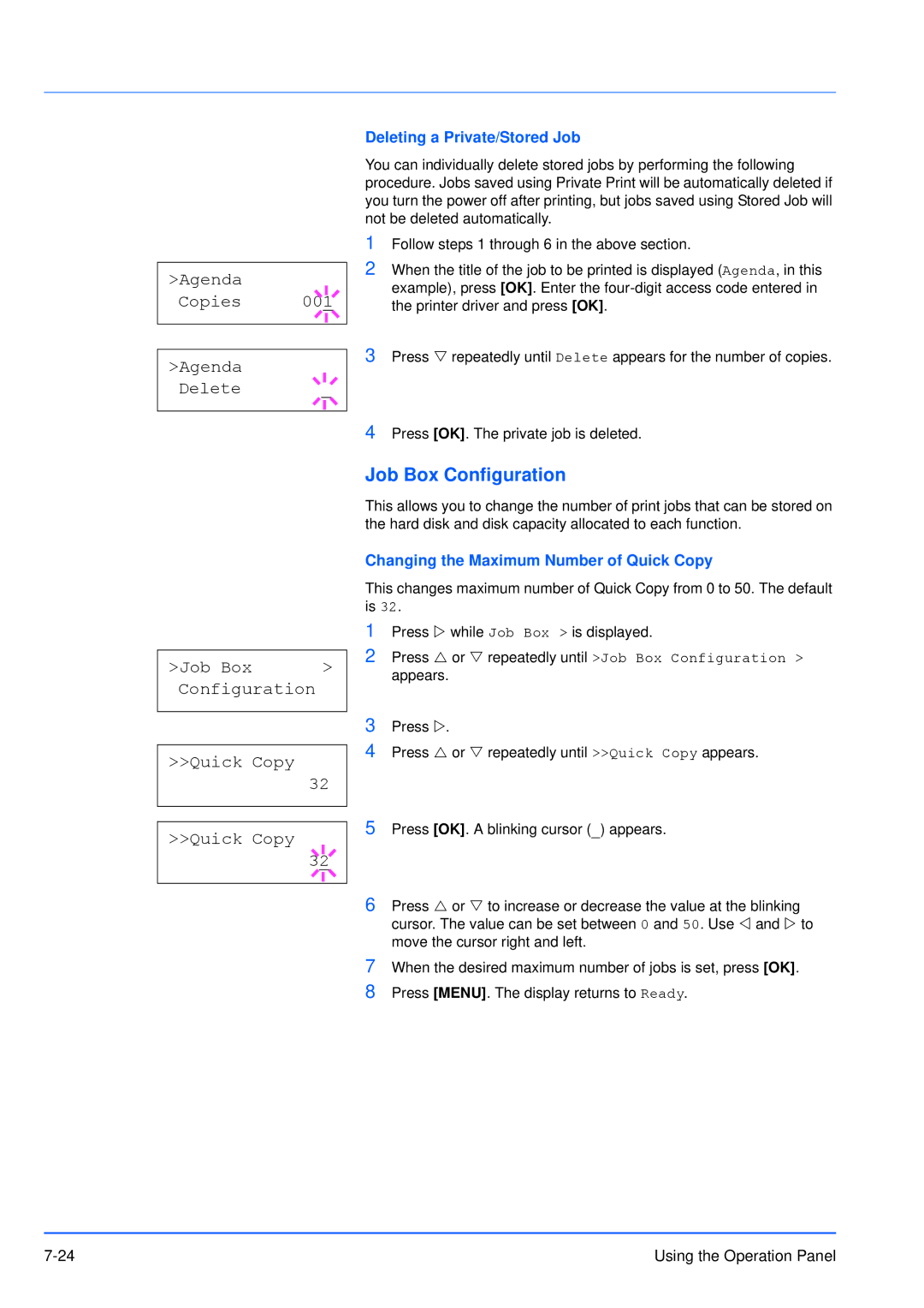 Kyocera FS-3920DN manual Job Box Configuration, Deleting a Private/Stored Job, Changing the Maximum Number of Quick Copy 