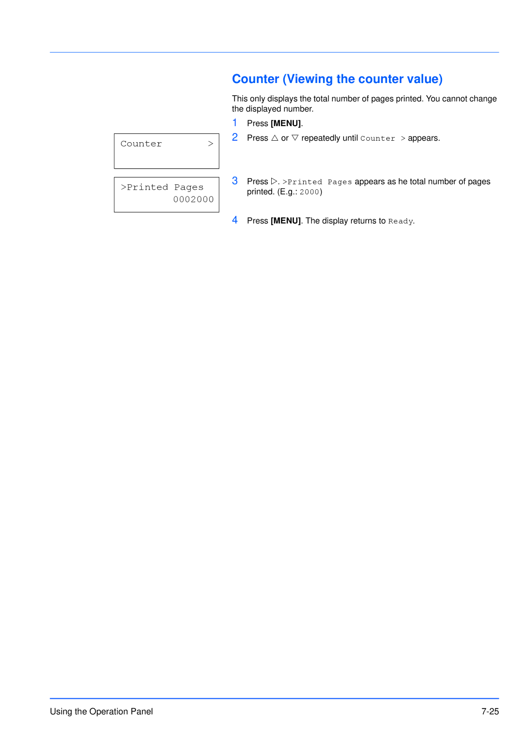 Kyocera FS-3920DN manual Counter Viewing the counter value, Counter Printed Pages 