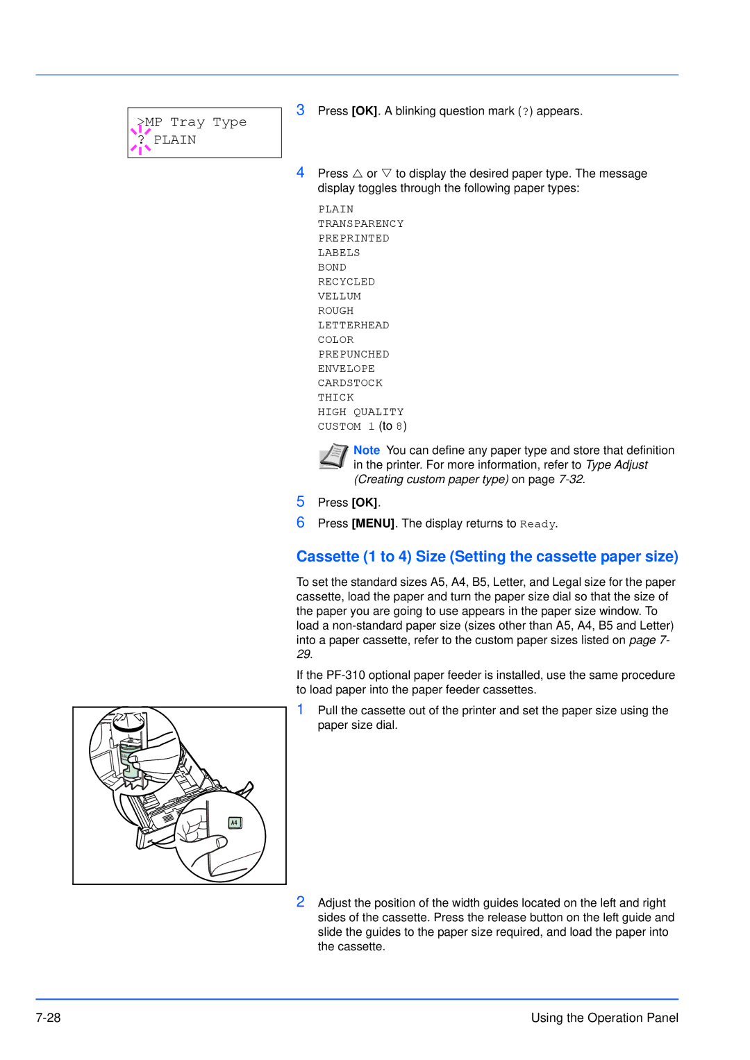 Kyocera FS-3920DN manual Cassette 1 to 4 Size Setting the cassette paper size, MP Tray Type 