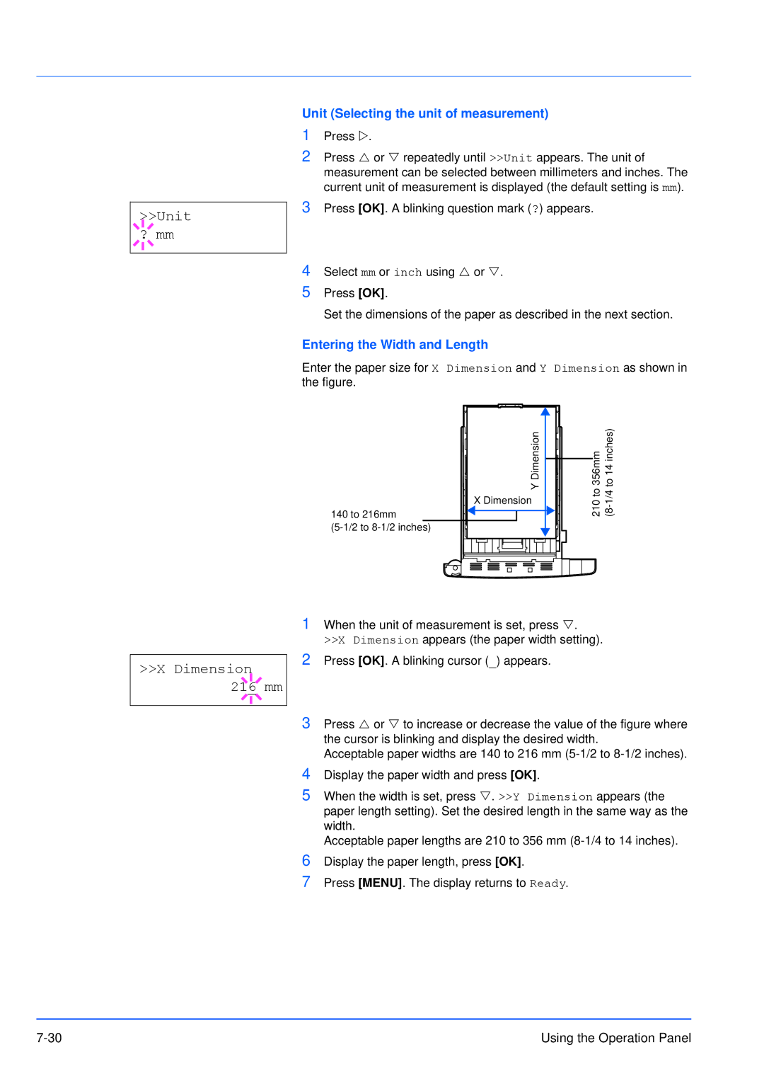 Kyocera FS-3920DN manual Unit ? mm, Unit Selecting the unit of measurement, Entering the Width and Length 