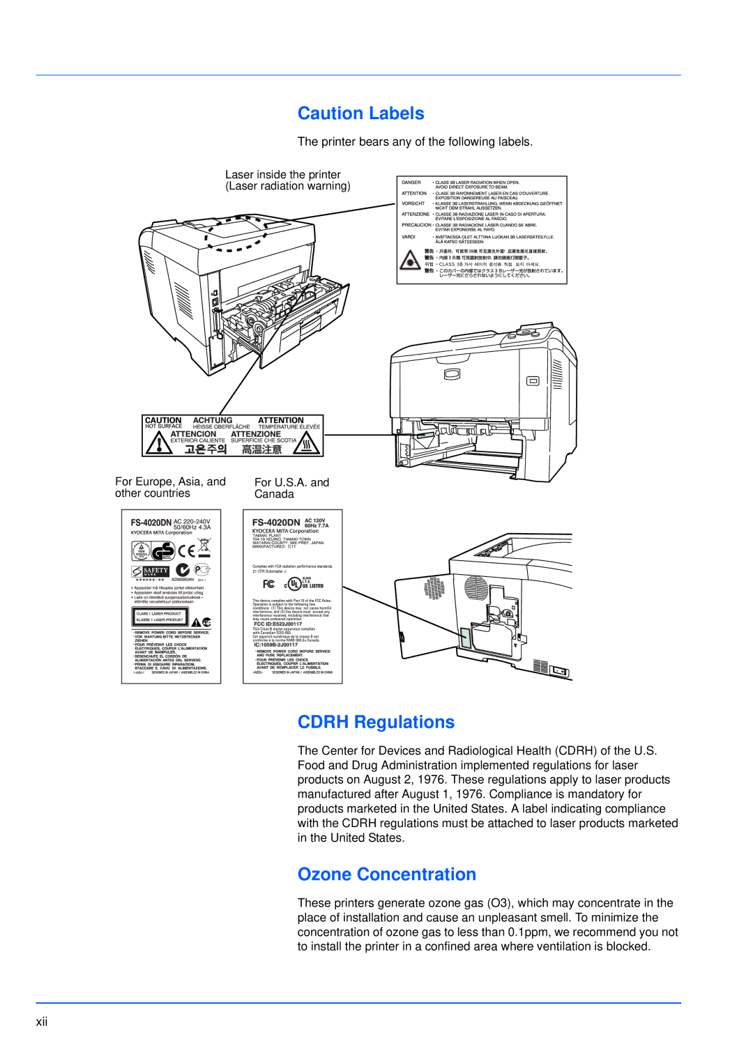 Kyocera FS-3920DN manual Cdrh Regulations, Ozone Concentration 