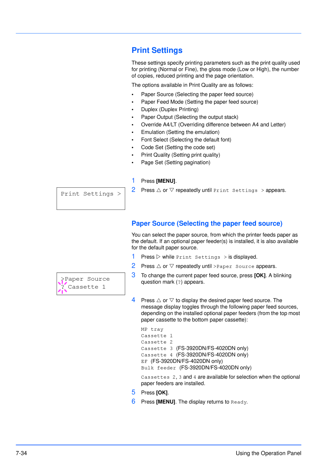Kyocera FS-3920DN manual Print Settings, Paper Source Selecting the paper feed source, MP tray Cassette 1 Cassette 
