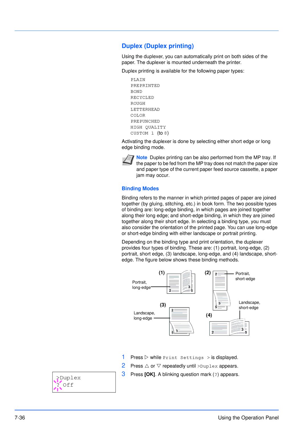 Kyocera FS-3920DN manual Duplex Duplex printing, Duplex ? Off, Custom 1 to, Binding Modes 