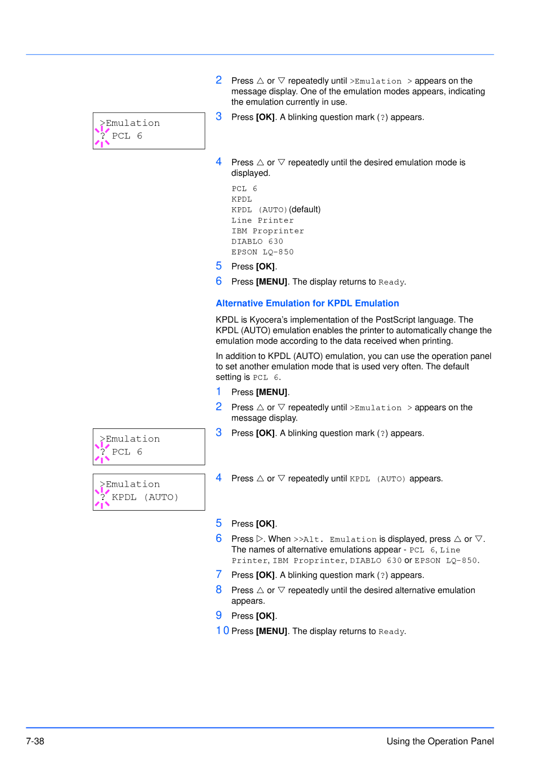 Kyocera FS-3920DN manual Emulation ? PCL, Alternative Emulation for Kpdl Emulation 