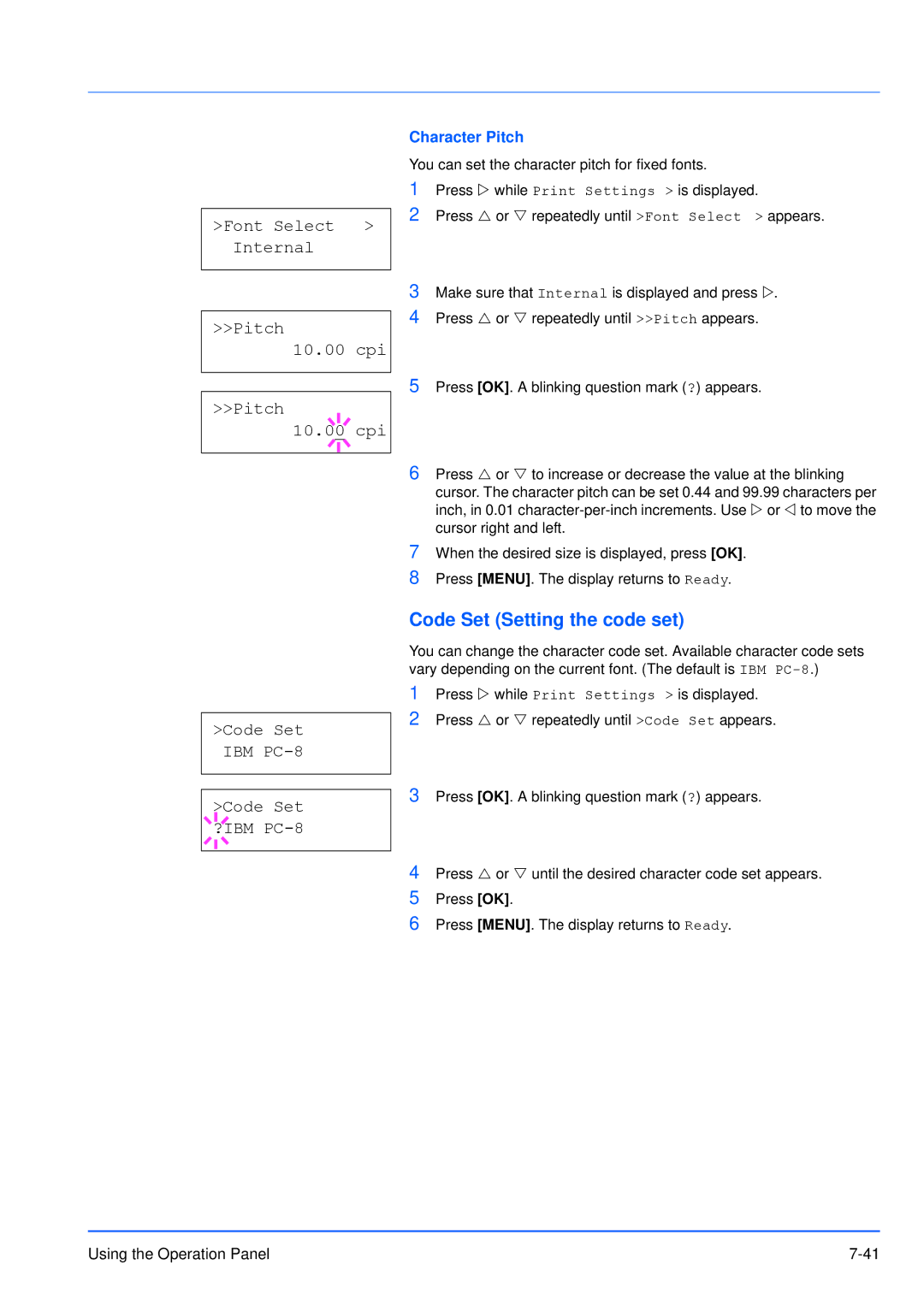 Kyocera FS-3920DN manual Code Set Setting the code set, Font Select Internal Pitch 10.00 cpi Cpi, Character Pitch 