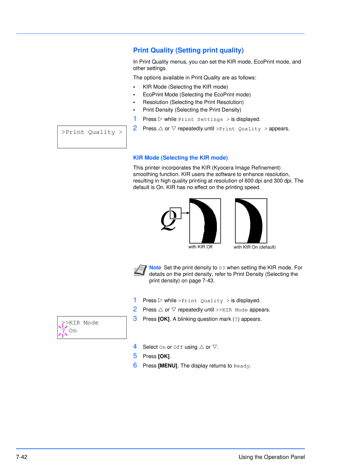 Kyocera FS-3920DN manual Print Quality Setting print quality, KIR Mode ? On, KIR Mode Selecting the KIR mode 