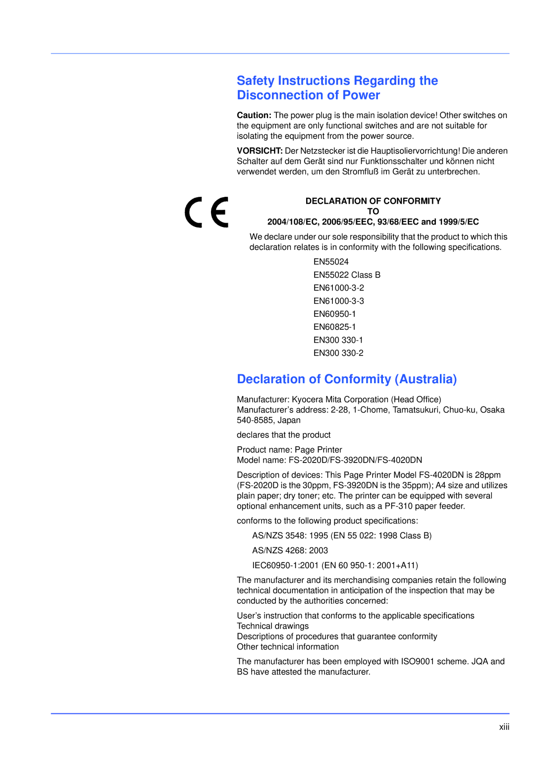 Kyocera FS-3920DN manual Safety Instructions Regarding Disconnection of Power, Declaration of Conformity Australia 