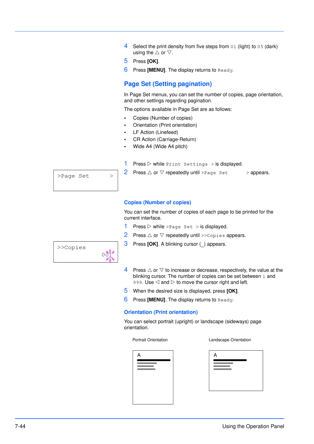 Kyocera FS-3920DN manual Set Setting pagination, Set Copies 001, Orientation Print orientation 