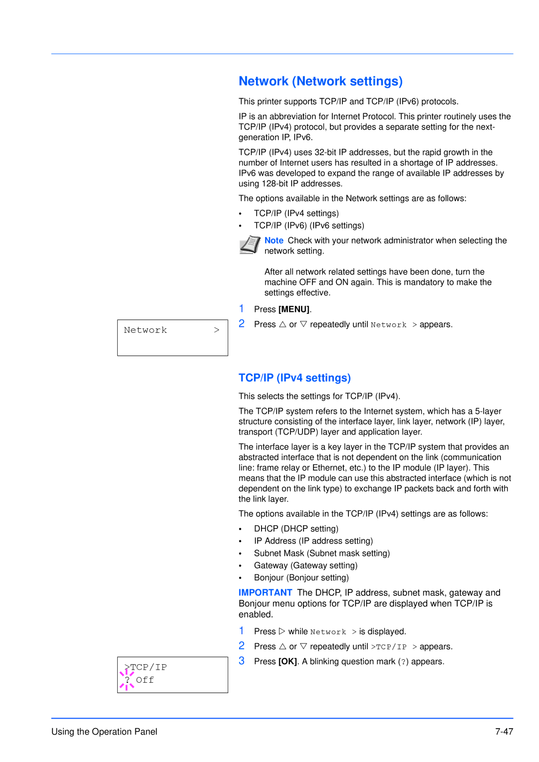 Kyocera FS-3920DN manual Network Network settings, TCP/IP IPv4 settings, Network TCP/IP ? Off 