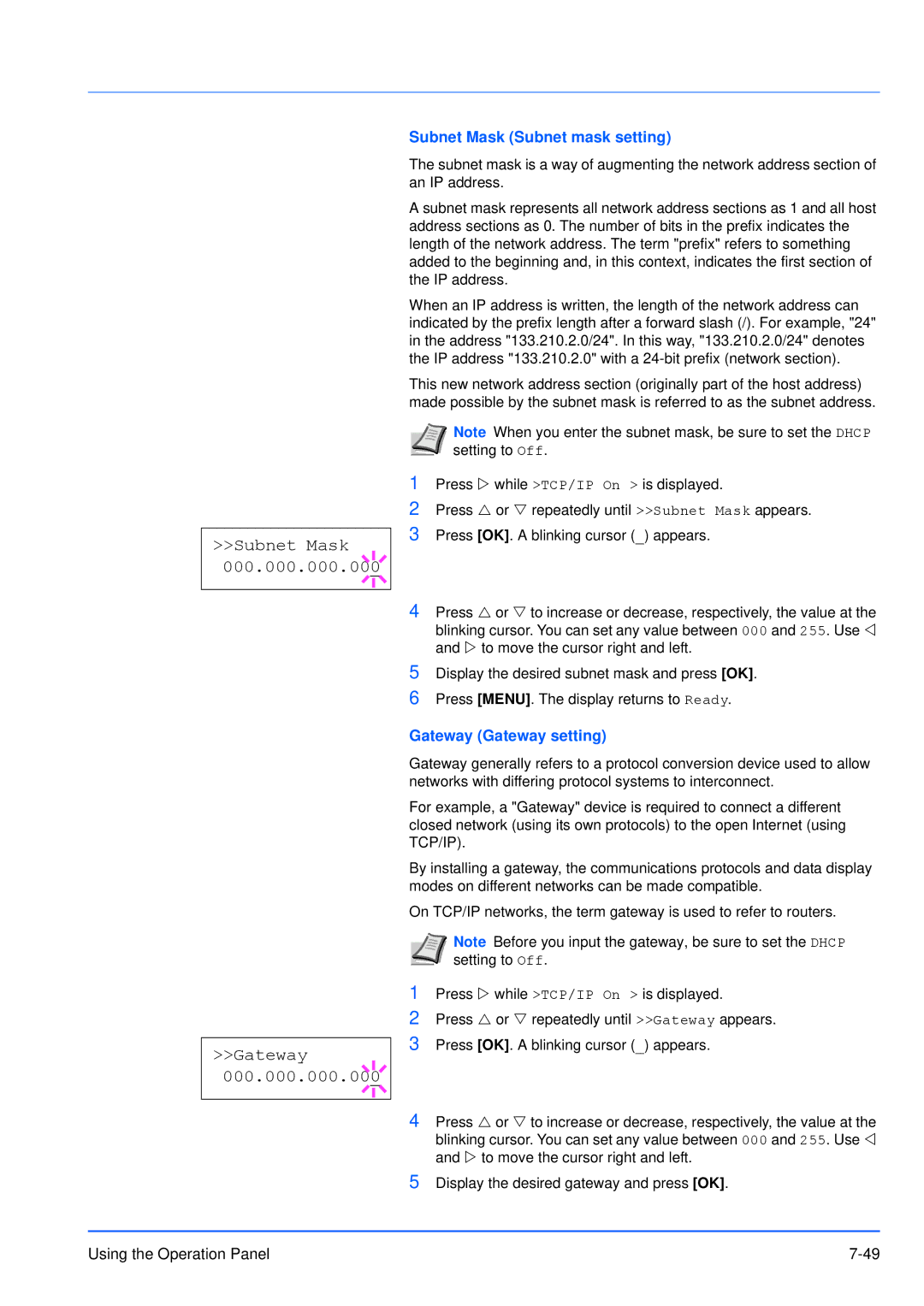 Kyocera FS-3920DN manual Subnet Mask Subnet mask setting, Gateway Gateway setting 