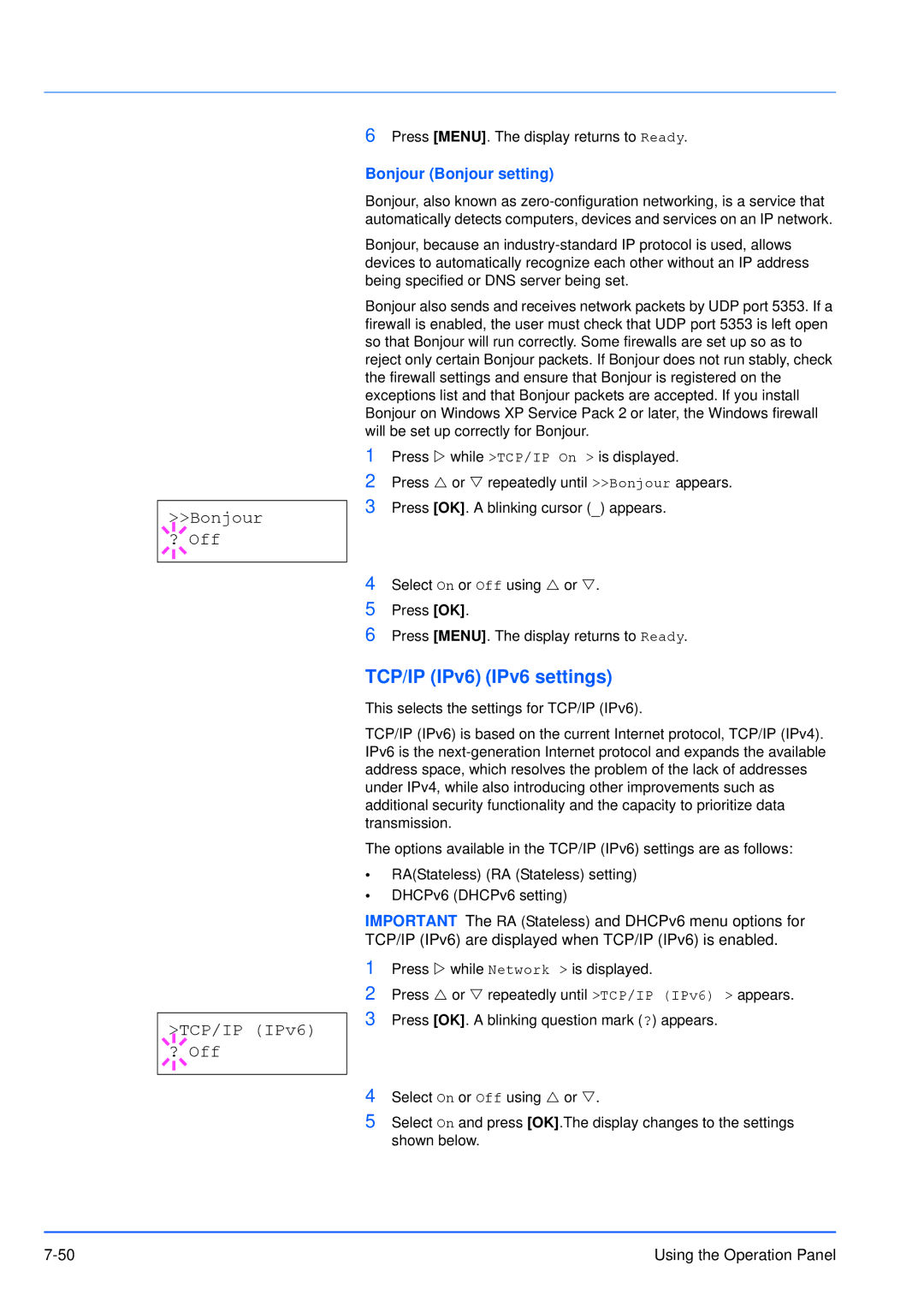 Kyocera FS-3920DN manual TCP/IP IPv6 IPv6 settings, Bonjour ? Off TCP/IP IPv6 ? Off, Bonjour Bonjour setting 