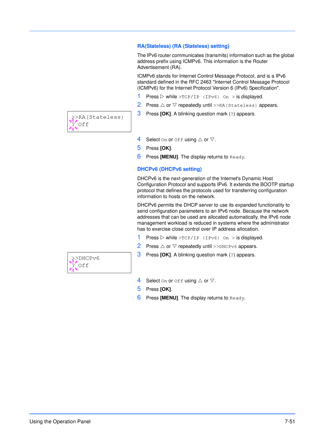 Kyocera FS-3920DN manual RAStateless ? Off DHCPv6 ? Off, RAStateless RA Stateless setting, DHCPv6 DHCPv6 setting 