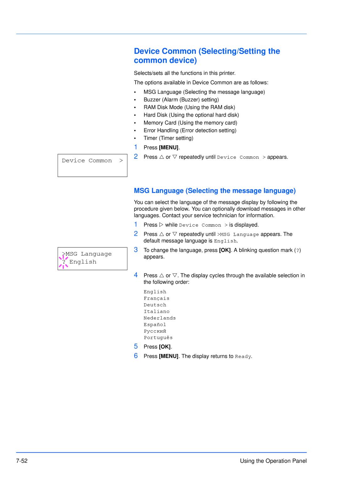 Kyocera FS-3920DN manual Device Common Selecting/Setting the common device, MSG Language Selecting the message language 