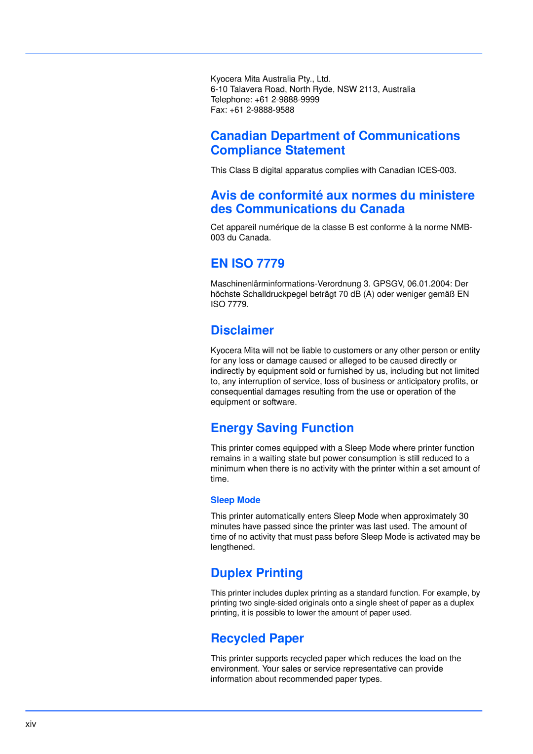 Kyocera FS-3920DN Canadian Department of Communications Compliance Statement, En Iso, Disclaimer, Energy Saving Function 