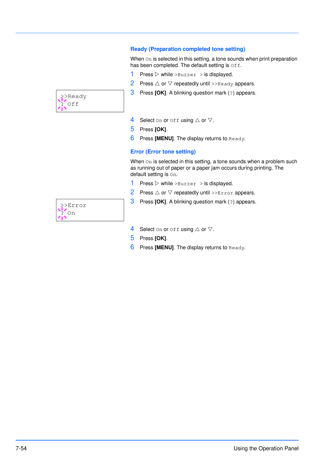 Kyocera FS-3920DN manual Ready ? Off Error ? On, Ready Preparation completed tone setting, Error Error tone setting 