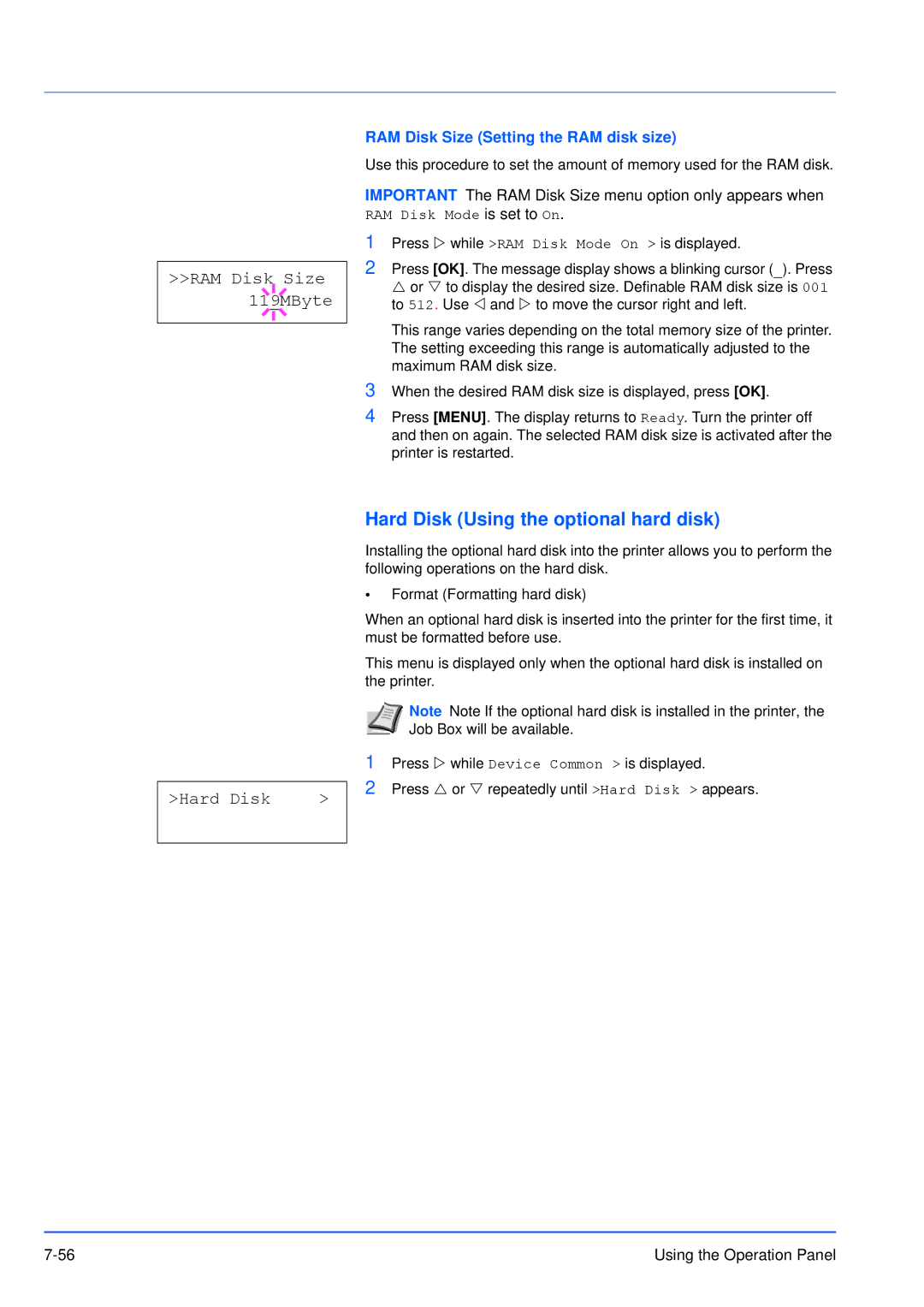 Kyocera FS-3920DN Hard Disk Using the optional hard disk, RAM Disk Size 119MByte, RAM Disk Size Setting the RAM disk size 